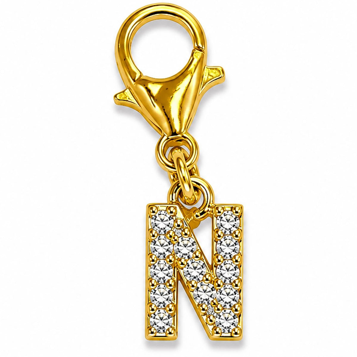 Gold-tone rhinestone-encrusted letter “N” charm with a lobster clasp, displayed on a white background.