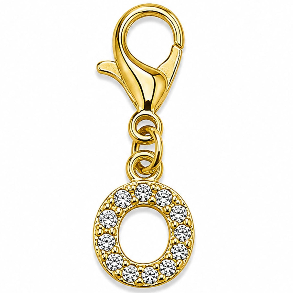 Gold-tone rhinestone-encrusted letter “O” charm with a lobster clasp, displayed on a white background.