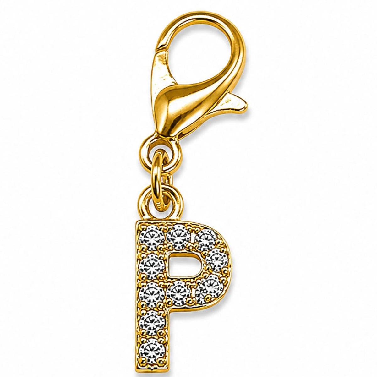 Gold-tone rhinestone-encrusted letter “P” charm with a lobster clasp, displayed on a white background.