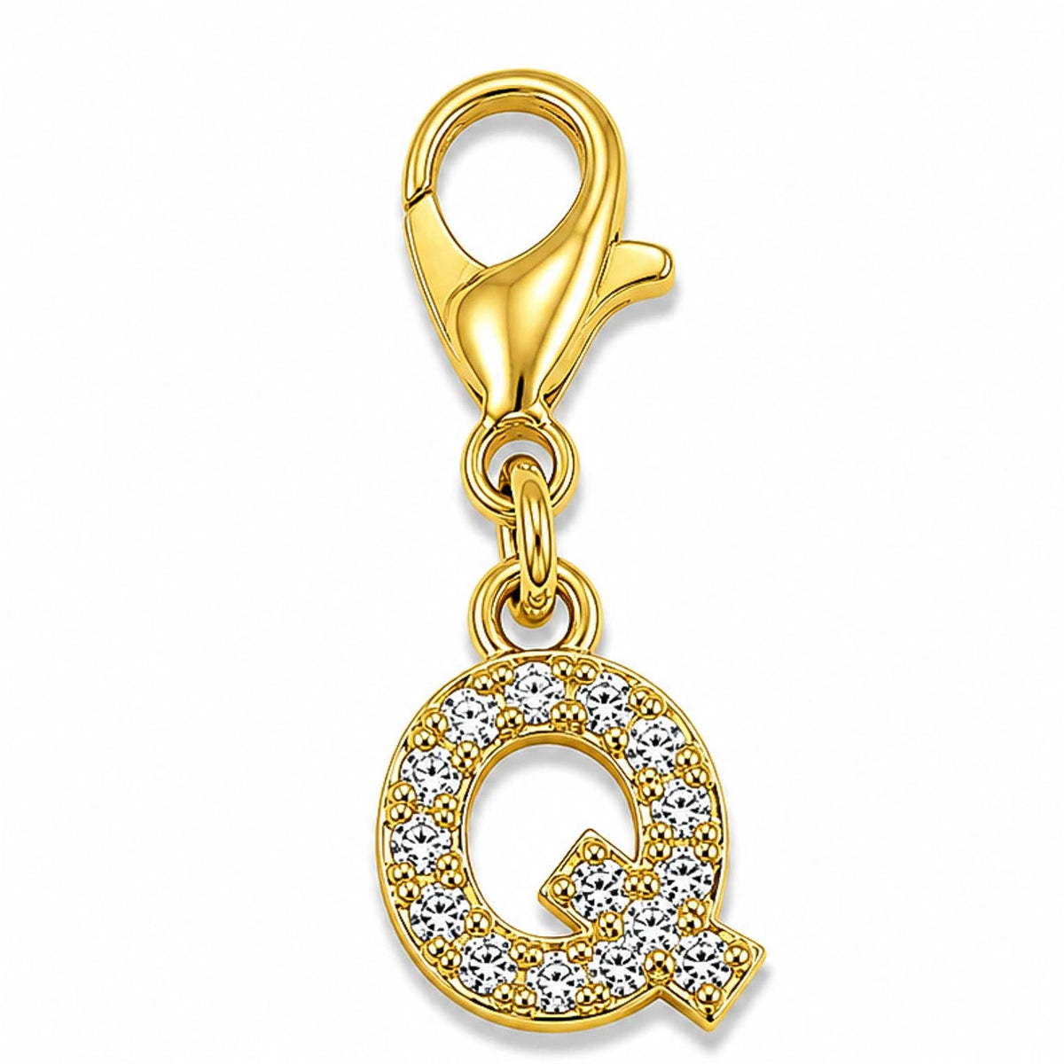 Gold-tone rhinestone-encrusted letter “Q” charm with a lobster clasp, displayed on a white background.