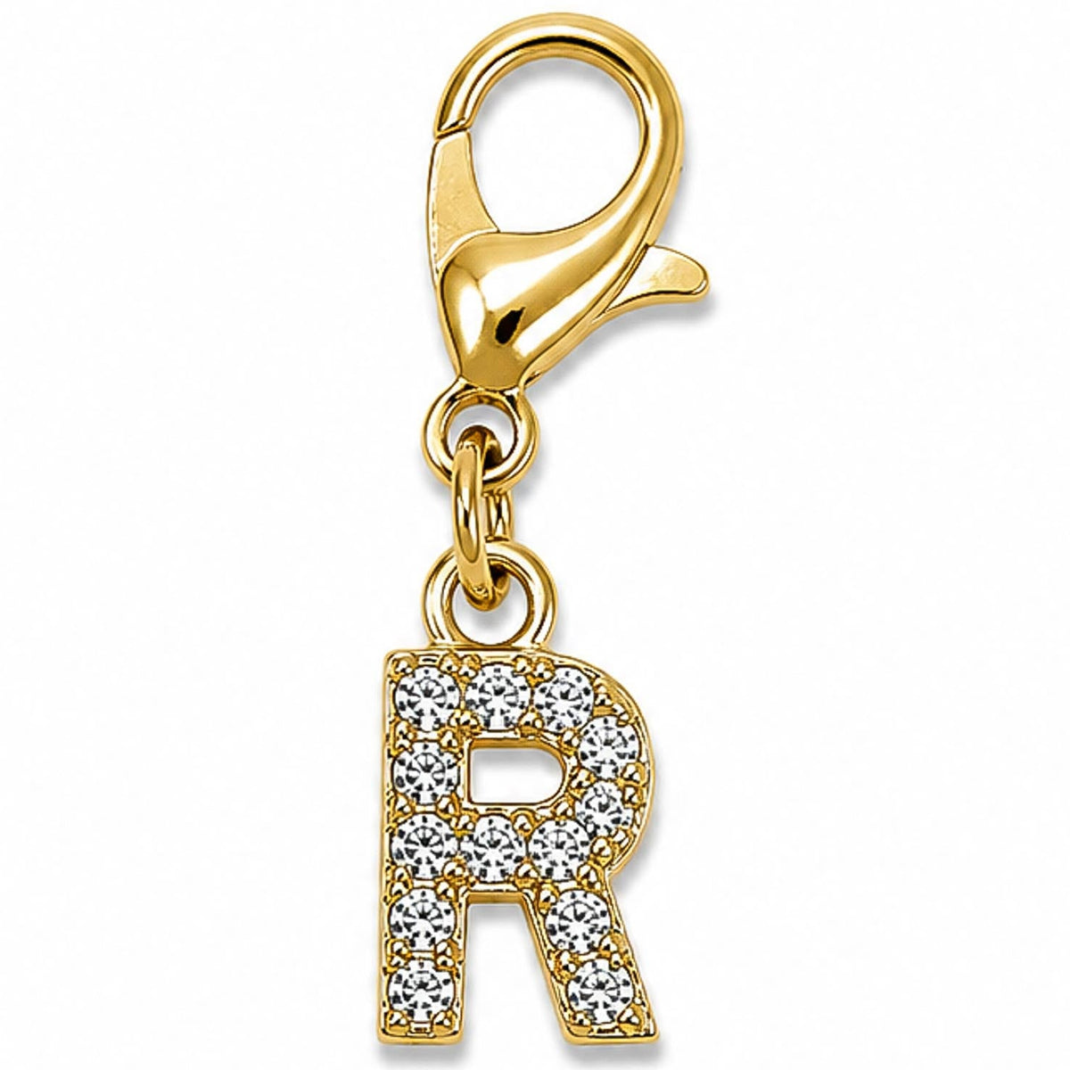 Gold-tone rhinestone-encrusted letter “R” charm with a lobster clasp, displayed on a white background.