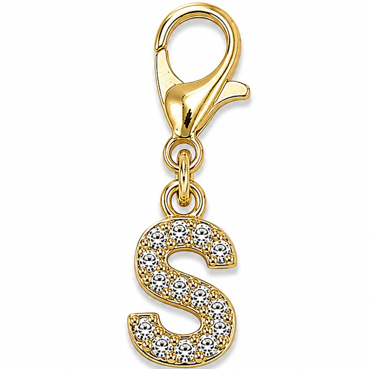 Gold-tone rhinestone-encrusted letter “S” charm with a lobster clasp, displayed on a white background.