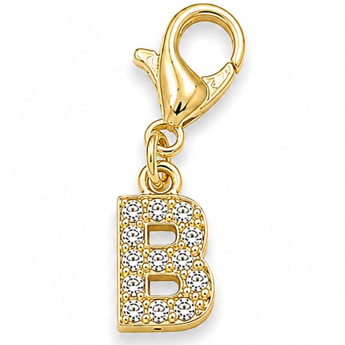 Gold-tone rhinestone-encrusted letter “B” charm with a lobster clasp, displayed on a white background.