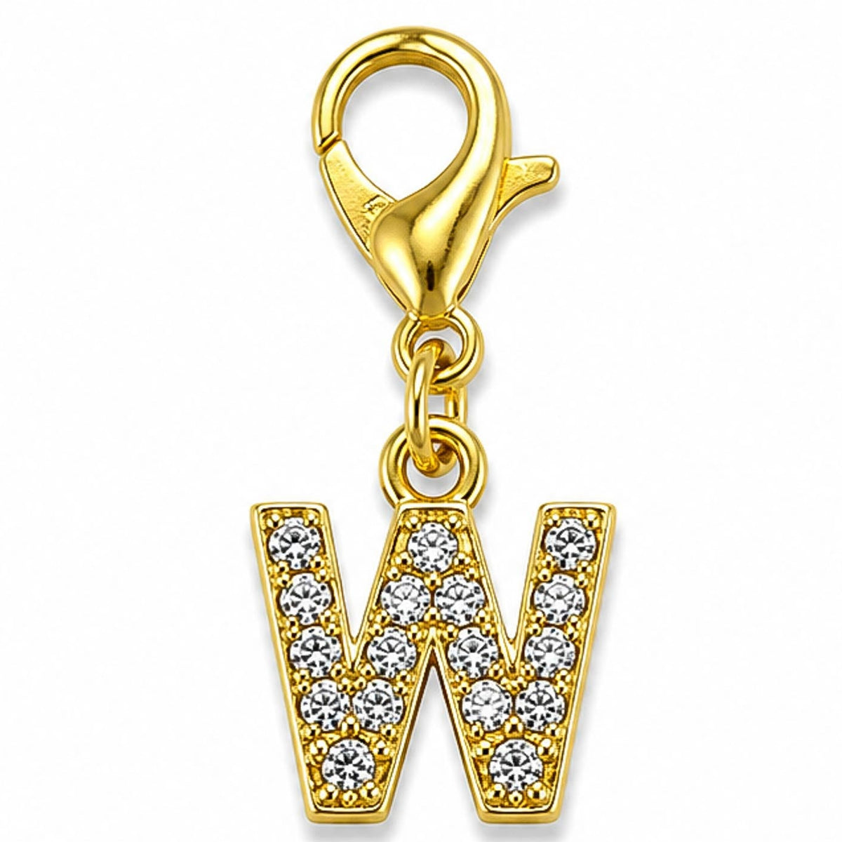 Gold-tone rhinestone-encrusted letter “W” charm with a lobster clasp, displayed on a white background.