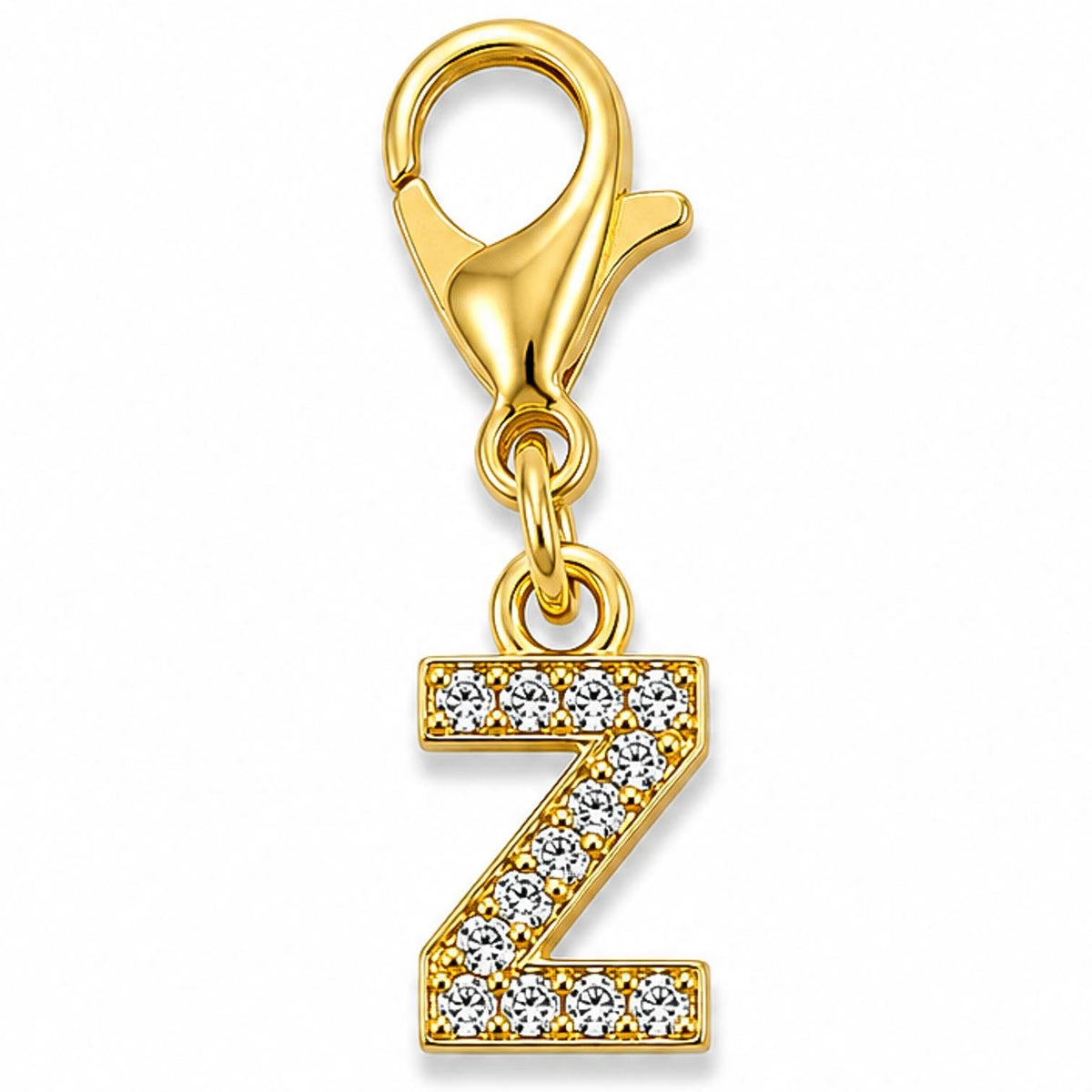 Gold-tone rhinestone-encrusted letter “Z” charm with a lobster clasp, displayed on a white background.