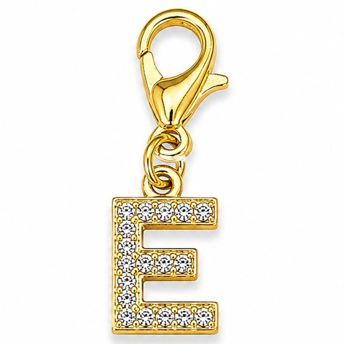 Gold-tone rhinestone-encrusted letter “E” charm with a lobster clasp, displayed on a white background.