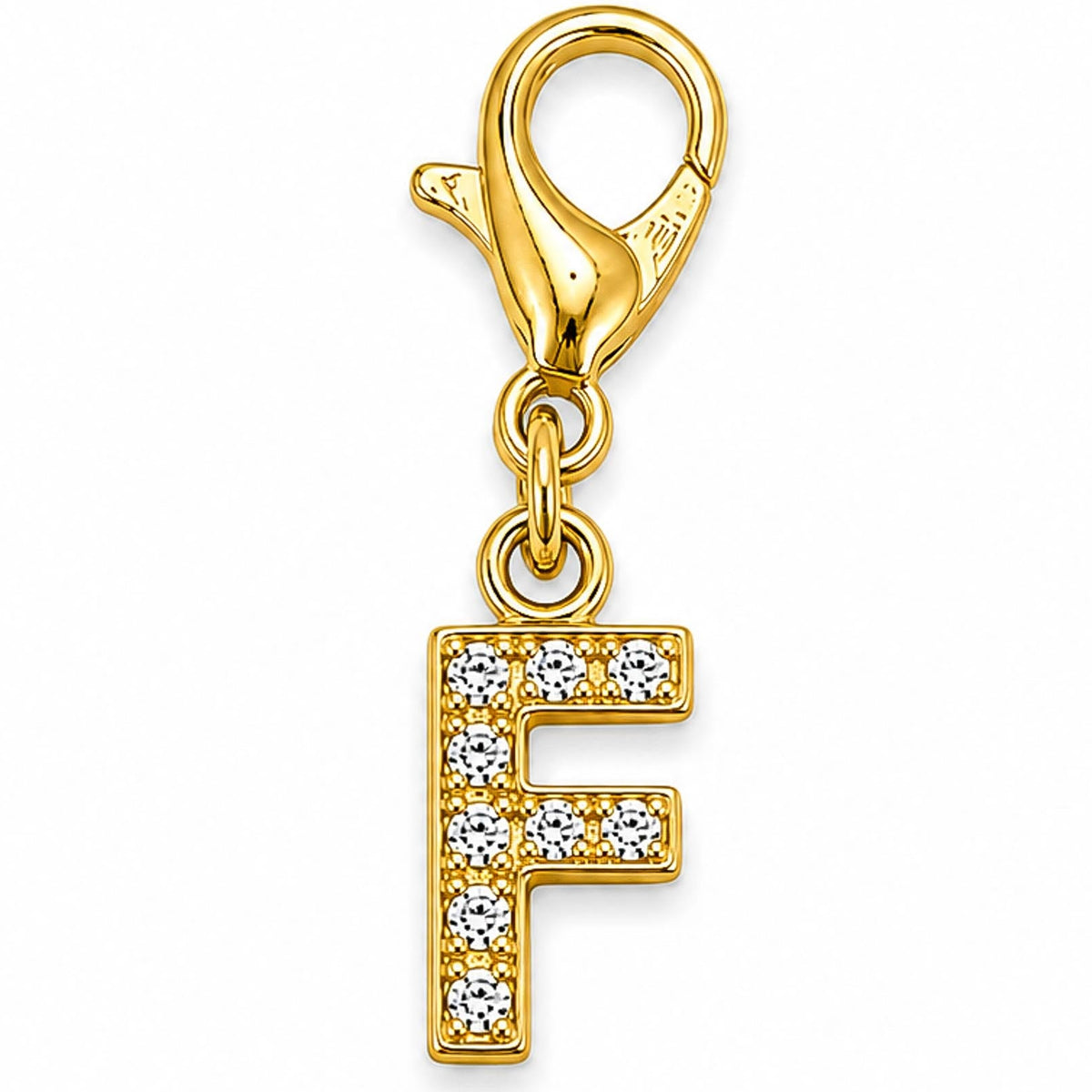 Gold-tone rhinestone-encrusted letter “F” charm with a lobster clasp, displayed on a white background.