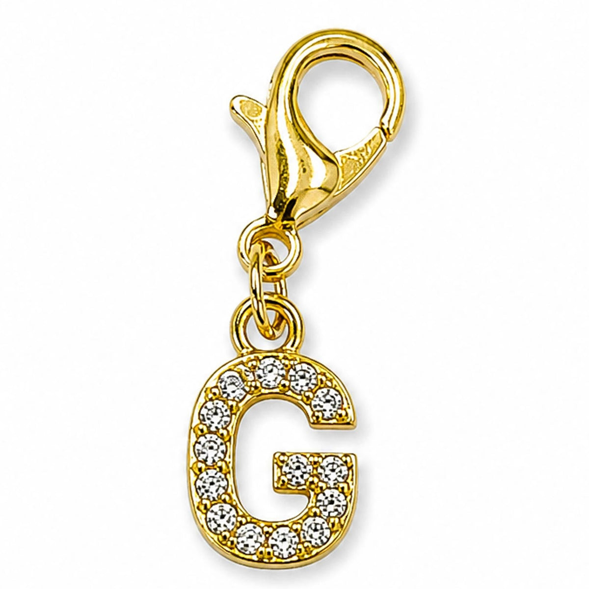 Gold-tone rhinestone-encrusted letter “G” charm with a lobster clasp, displayed on a white background.