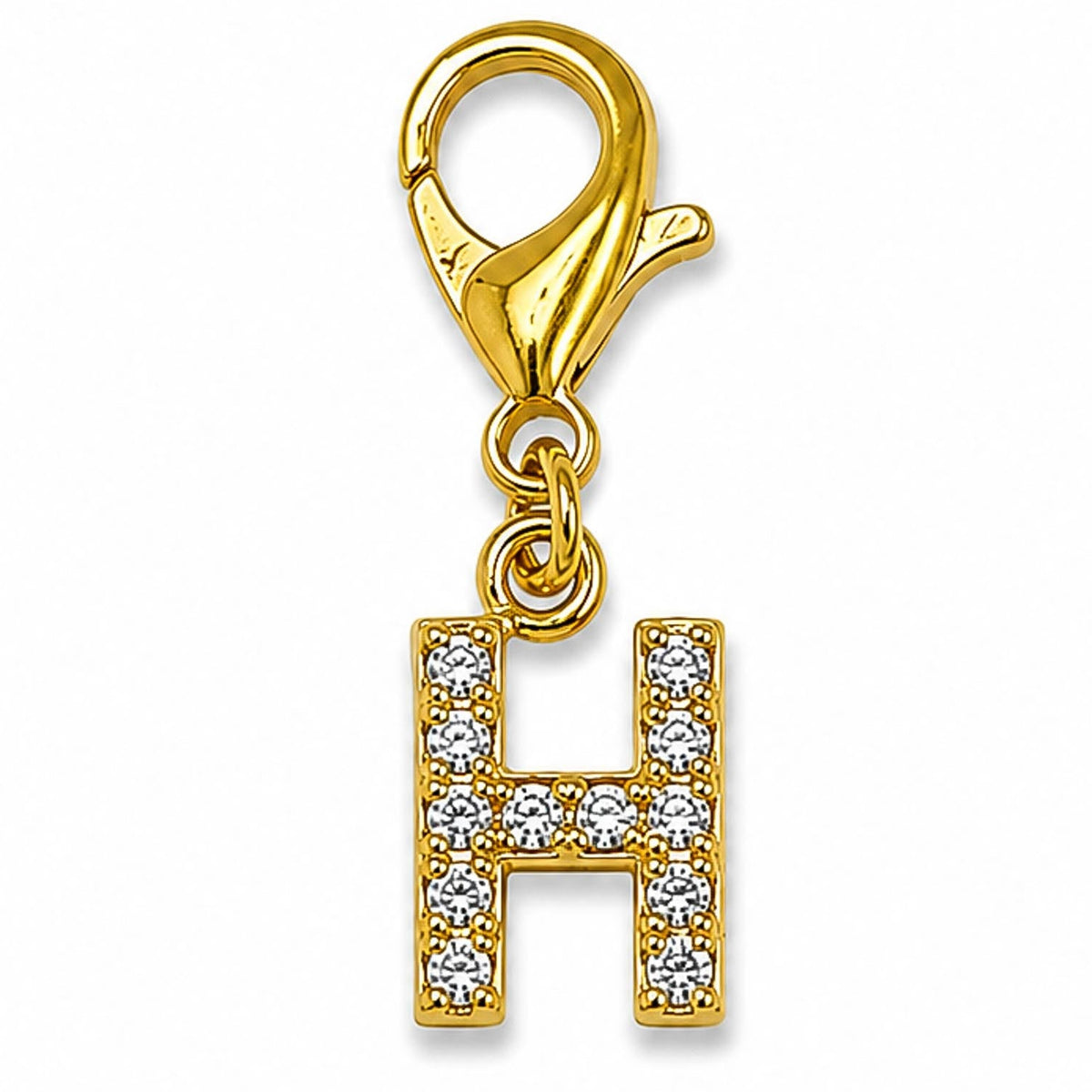 Gold-tone rhinestone-encrusted letter “H” charm with a lobster clasp, displayed on a white background.