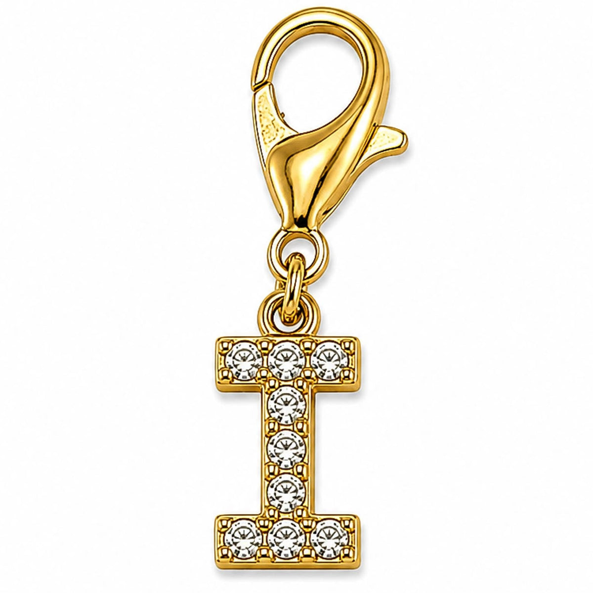 Gold-tone rhinestone-encrusted letter “I” charm with a lobster clasp, displayed on a white background.