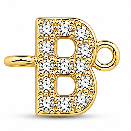 Gold letter B charm with a polished finish, richly embellished with sparkling clear crystals throughout the letter, featuring two open inner sections, a circular attachment loop on the right, and a smooth gold clasp detail extending from the left side, displayed against a clean white background.
