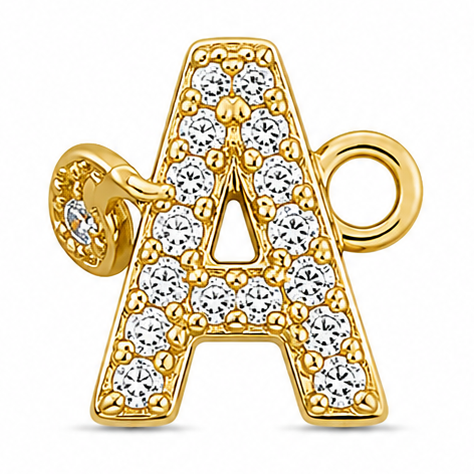 Gold letter A charm with a polished finish, richly embellished with sparkling clear crystals throughout the letter, featuring a circular attachment loop on the upper right and a decorative gold clasp detail with crystals on the left side, displayed against a clean white background.