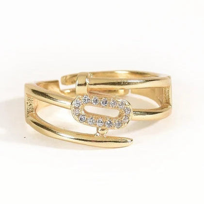 Gold-toned open ring featuring an overlapping wraparound band and a horizontal oval centerpiece embellished with clear sparkling stones.