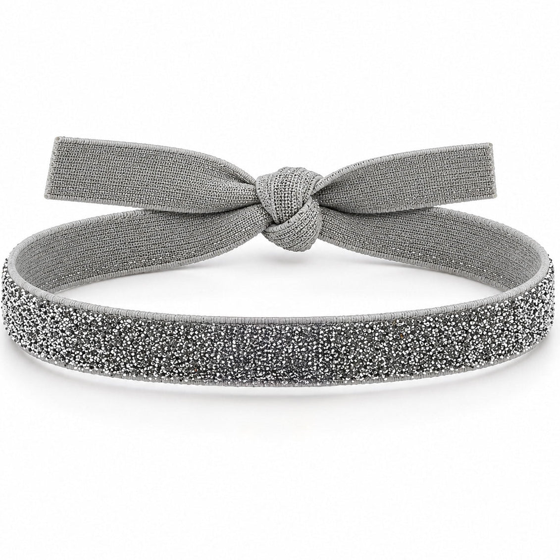 Gray shimmery fabric band with a textured bow-style knot at the center, displayed on a clean white background with soft shadows.