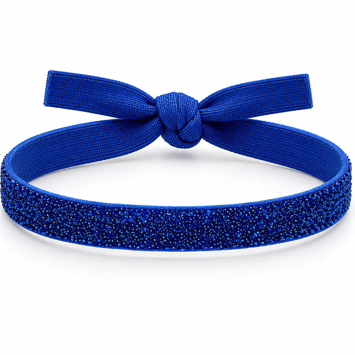 Blue shimmery fabric band with a textured bow-style knot at the center, displayed on a clean white background with soft shadows.
