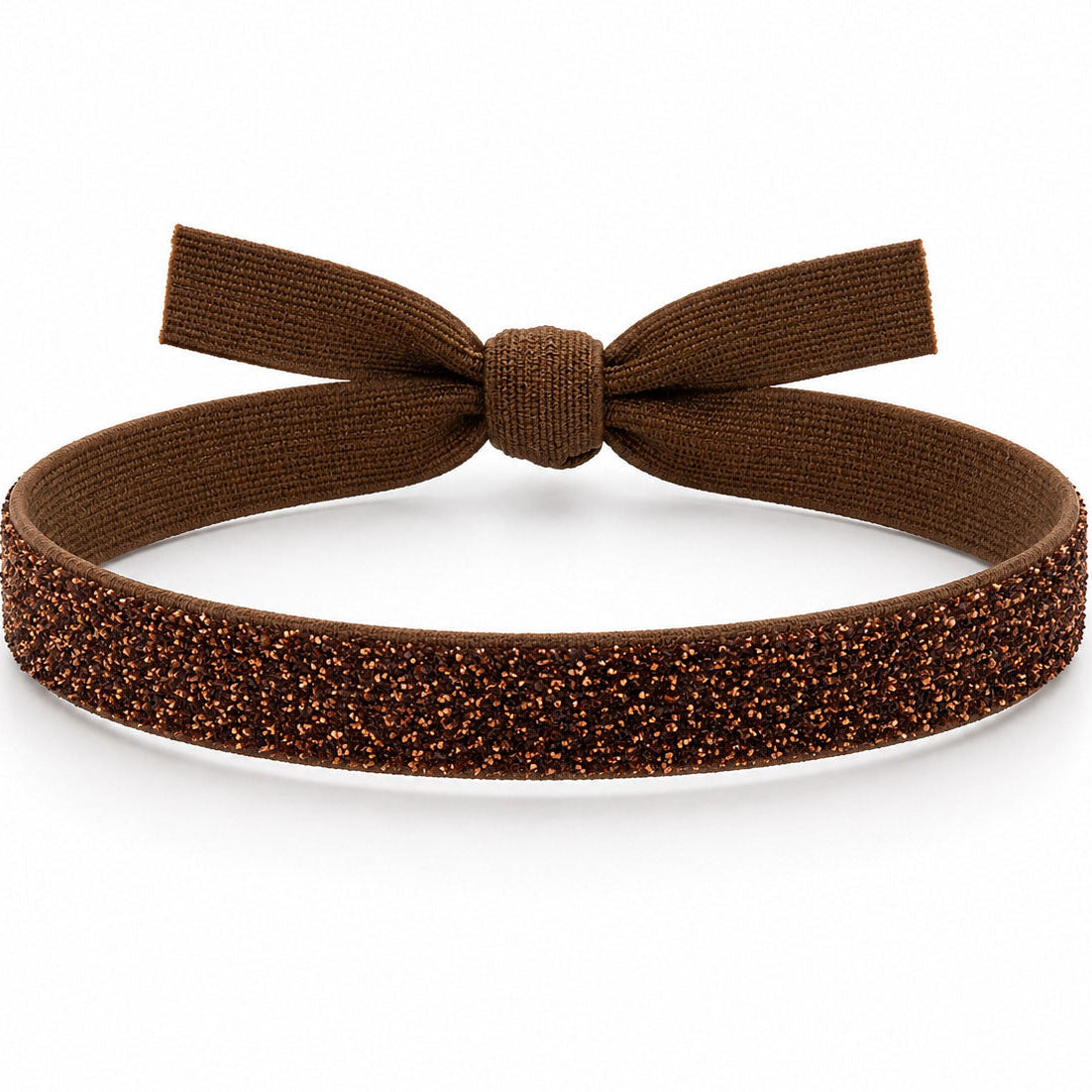Brown shimmery fabric band with a textured bow-style knot at the center, displayed on a clean white background with soft shadows.