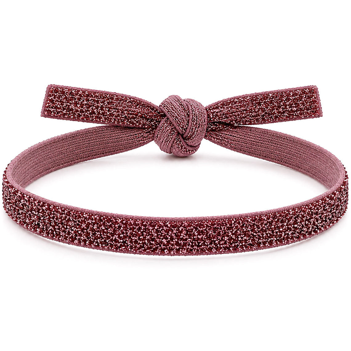 Burgundy shimmery fabric band with a textured bow-style knot at the center, displayed on a clean white background with soft shadows.