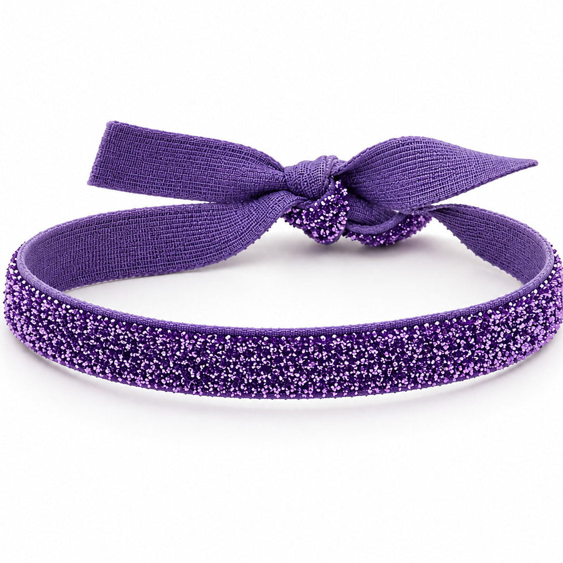 Purple shimmery fabric band with a textured bow-style knot at the center, displayed on a clean white background with soft shadows.