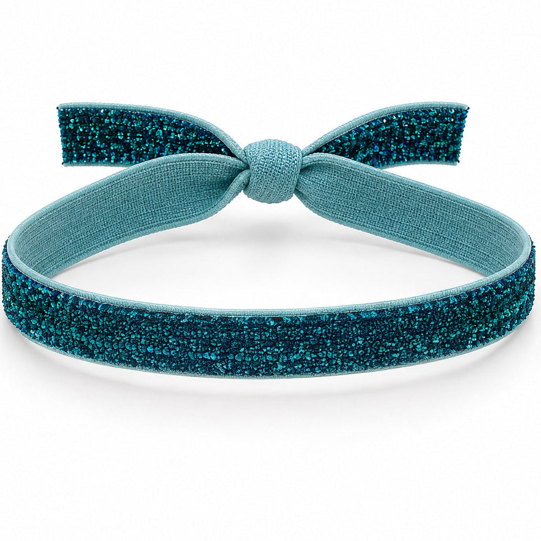 Teal blue shimmery fabric band with a textured bow-style knot at the center, displayed on a clean white background with soft shadows.
