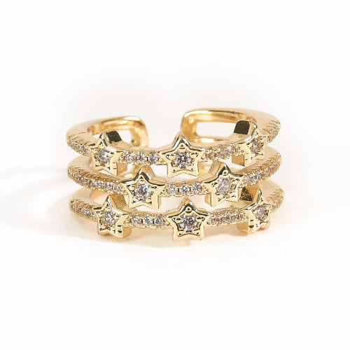 Elegant golden triple-band ring with heart, star, and circle crystal charms, featuring an adjustable anti-tarnish finish, perfect for meaningful gifting and dreamy everyday styling.
