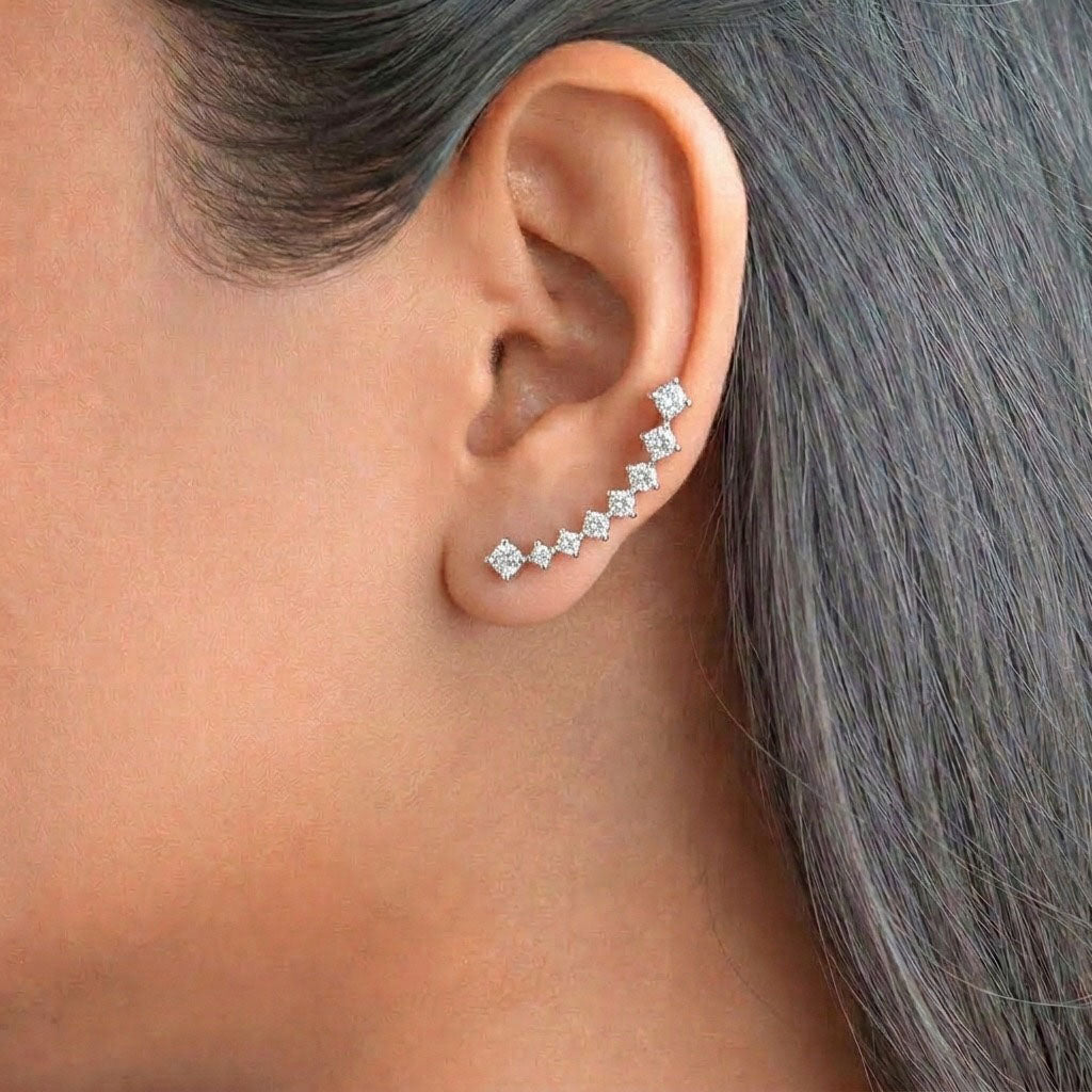 Stardust Trail 925 Sterling Silver Ear Climber Earrings featuring brilliant round crystals and star accents in a celestial-inspired sterling silver design, offering modern elegance and radiant sparkle