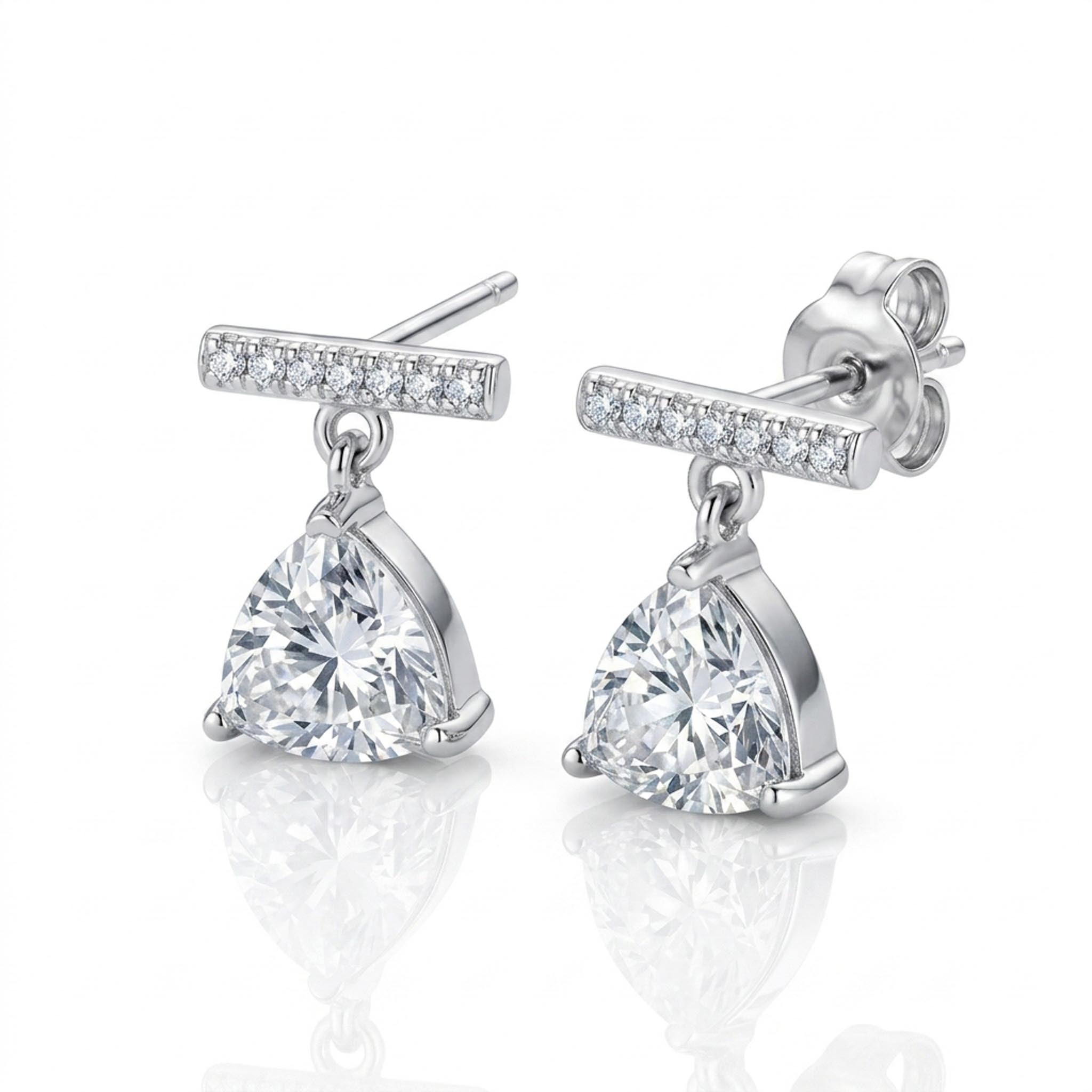Stellar Drop 925 Sterling Silver Earrings featuring dazzling trillion-cut cubic zirconia drops suspended from pave-set bar studs