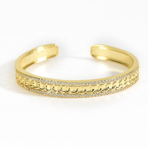 Elegant golden cuff bangle with studded link detailing and an adjustable anti-tarnish finish, perfect for everyday luxury, party styling, and thoughtful gifting.

