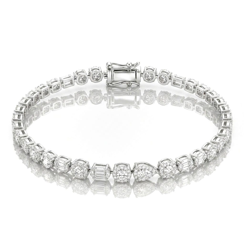 Teardrop Mosaic 925 Sterling Silver Bracelet featuring an elegant mix of pear-cut, round-cut, and baguette-cut stones