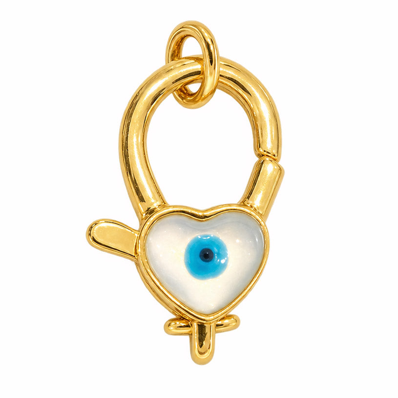 Gold plated heart shaped Evil Eye charm with a white enamel heart, blue center eye, and gold lobster-clasp ring, displayed on a clean white background.