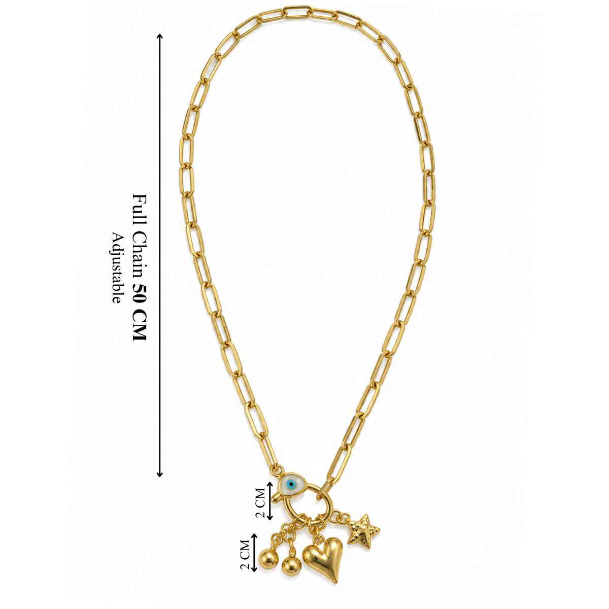 Gold-plated paperclip chain necklace with a blue Evil Eye centerpiece and dangling gold ball, heart, and star charms. Full chain length: 50 cm, adjustable; charm drop: approximately 2 cm.