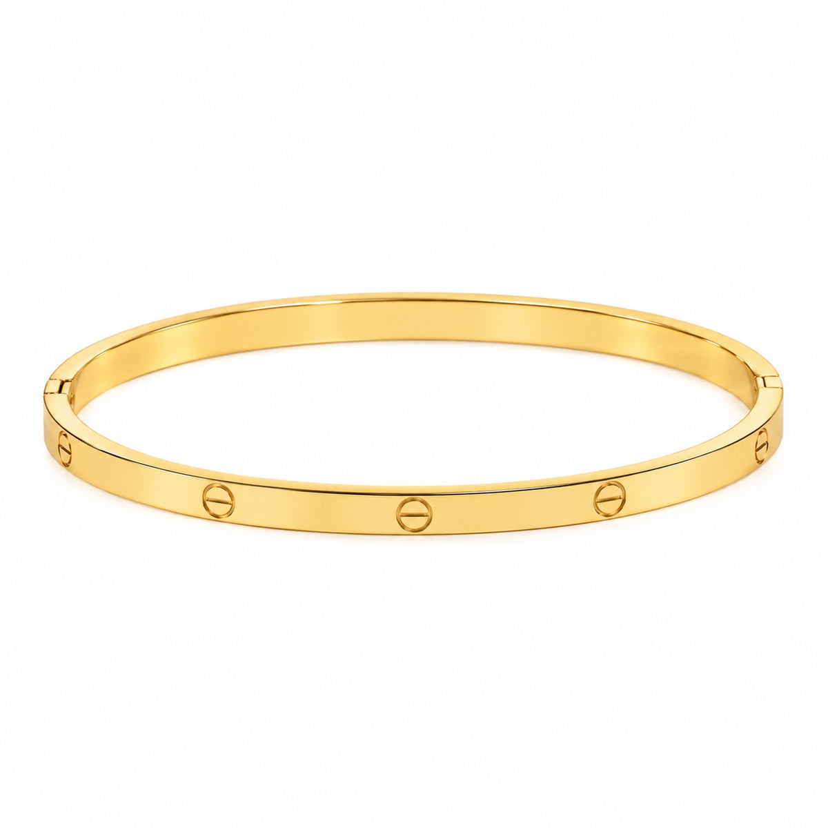 Gold anti-tarnish bangle with a slim polished band and engraved screw designs, displayed on a clean white background.