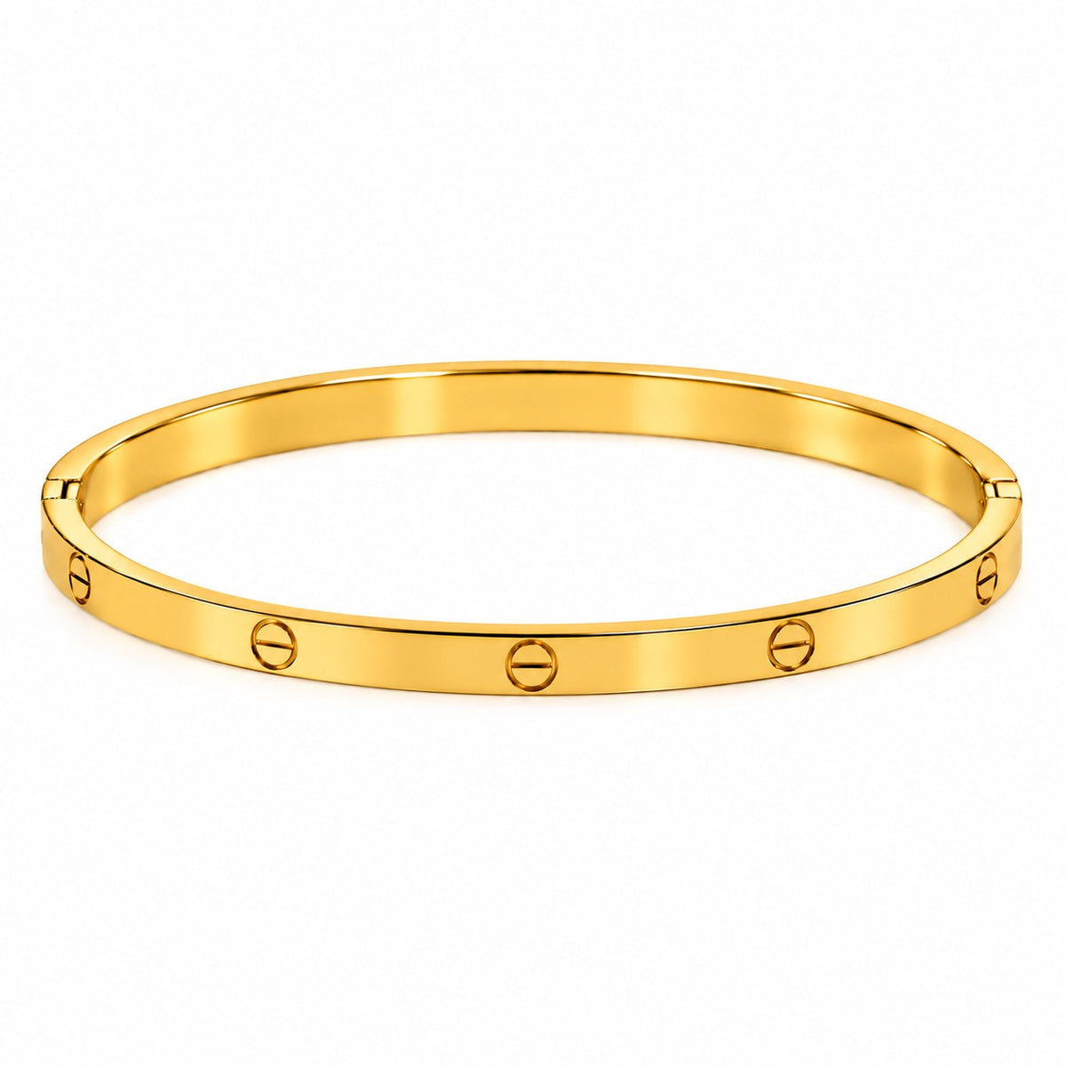 Slim golden anti-tarnish bangle featuring polished screw-design detailing on a clean white background.
