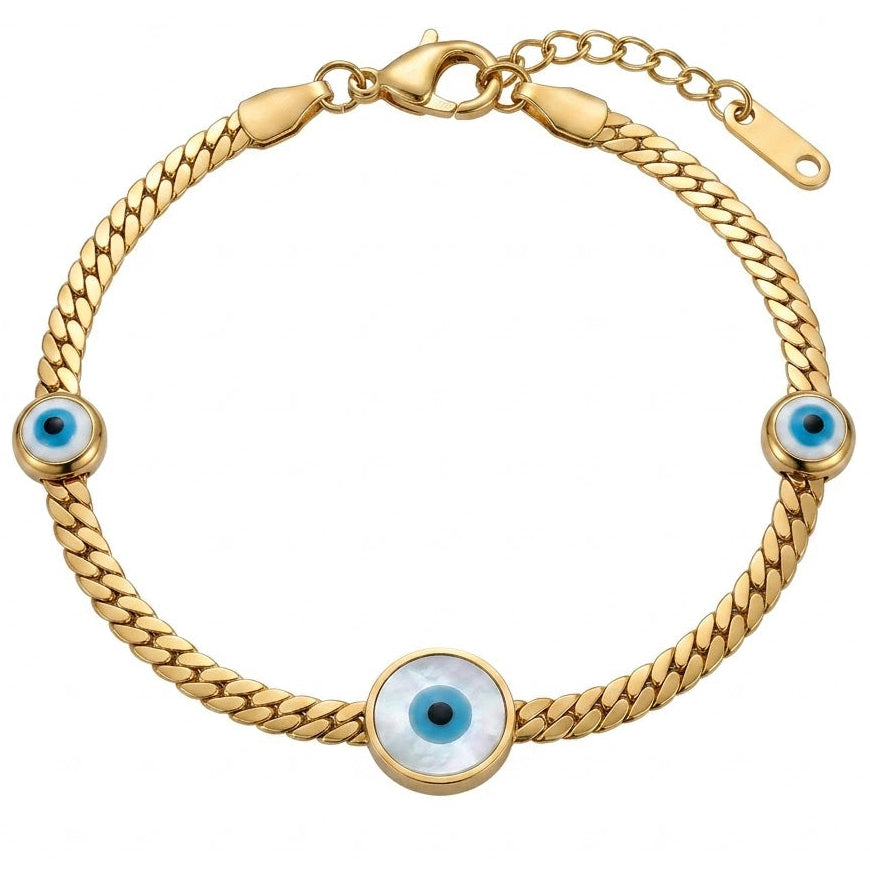 Gold-tone braided chain bracelet displayed against a clean white background, featuring three blue and white Evil Eye charms with black centers. The bracelet has a polished woven design and an adjustable extension chain with a secure lobster clasp.