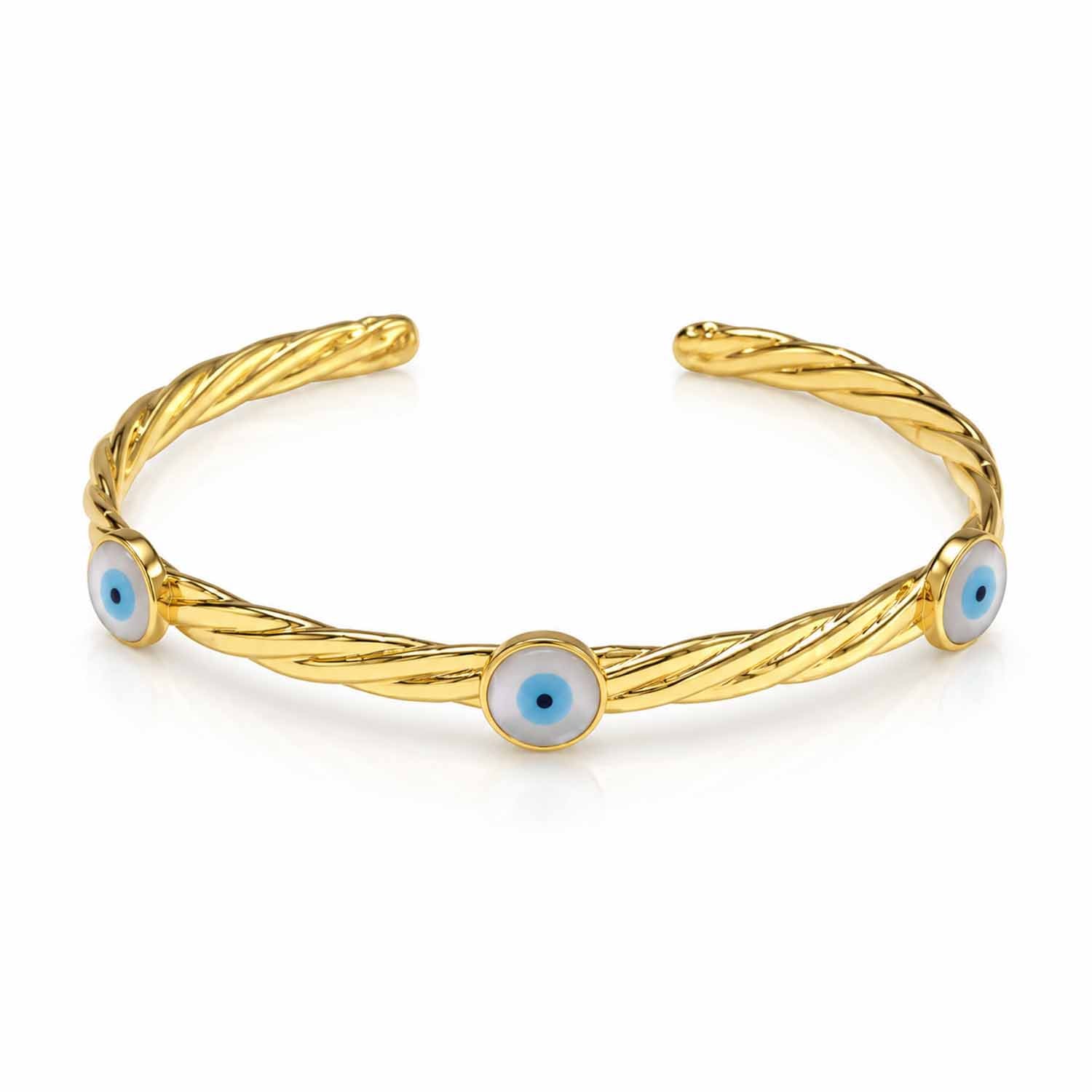 Gold twisted cuff bangle featuring three blue evil eye motifs, displayed on a clean white background.