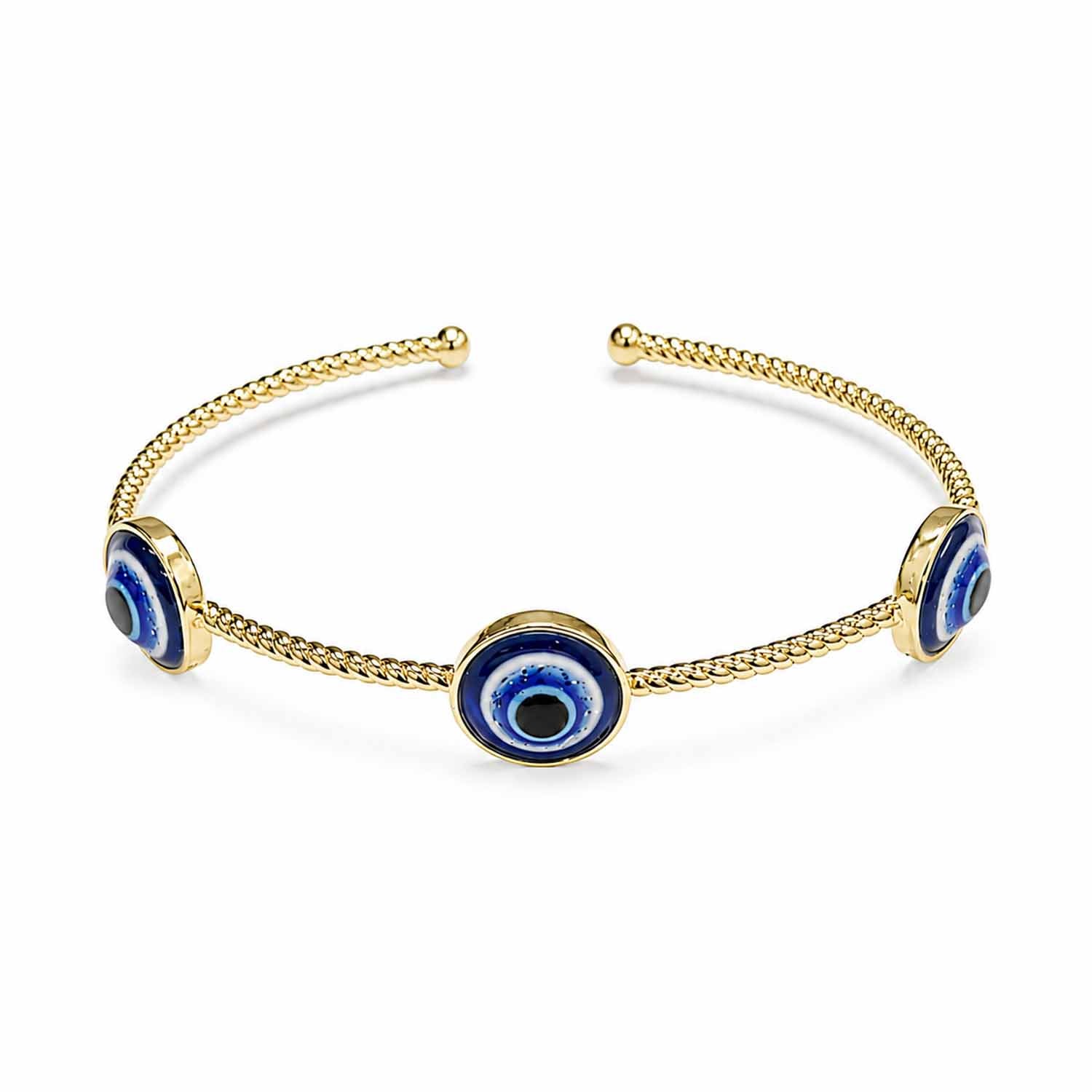 Gold open cuff bangle featuring three blue enamel evil eye charms and a textured chain-style band, displayed on a clean white background.