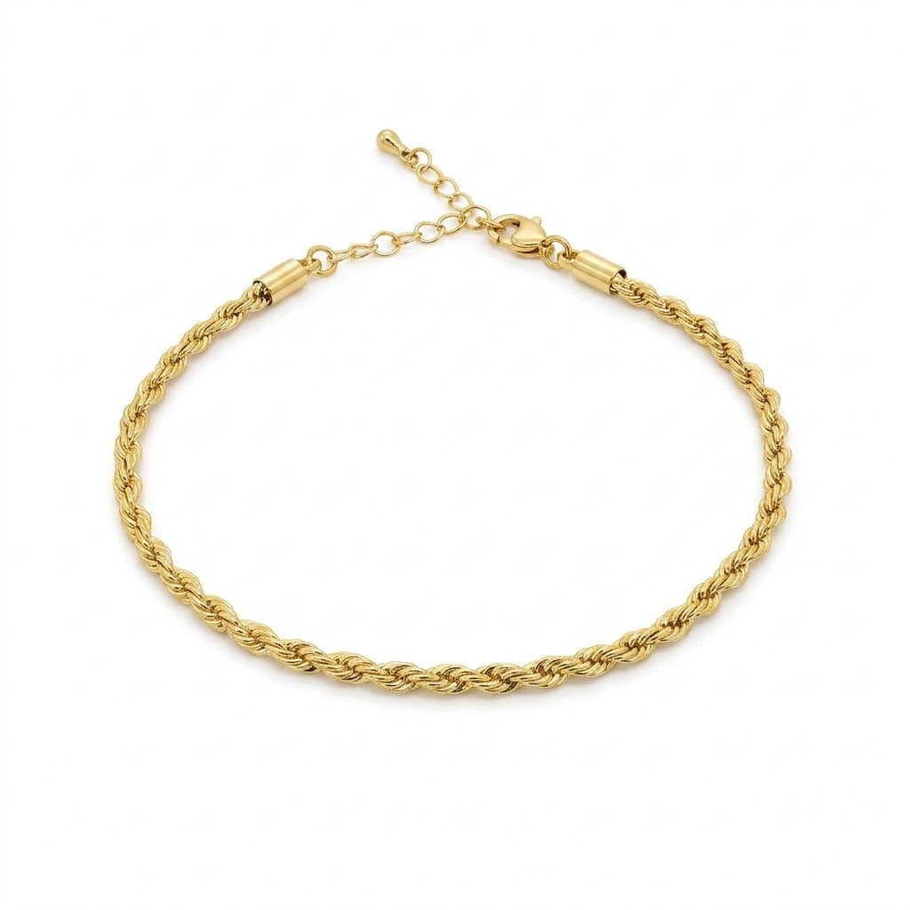 Anti-tarnish yellow gold rope chain bracelet featuring a classic twisted spiral link design with a lobster clasp, smooth end caps, and an adjustable extender chain.