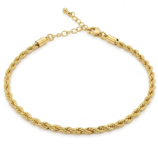 Anti-tarnish yellow gold rope chain bracelet featuring a classic twisted spiral link design with a lobster clasp, smooth end caps, and an adjustable extender chain.