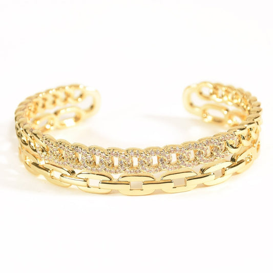 Stylish golden link bangle with sparkling studded detailing and an adjustable anti-tarnish finish, perfect for everyday glam, special occasions, and chic stacked styling.