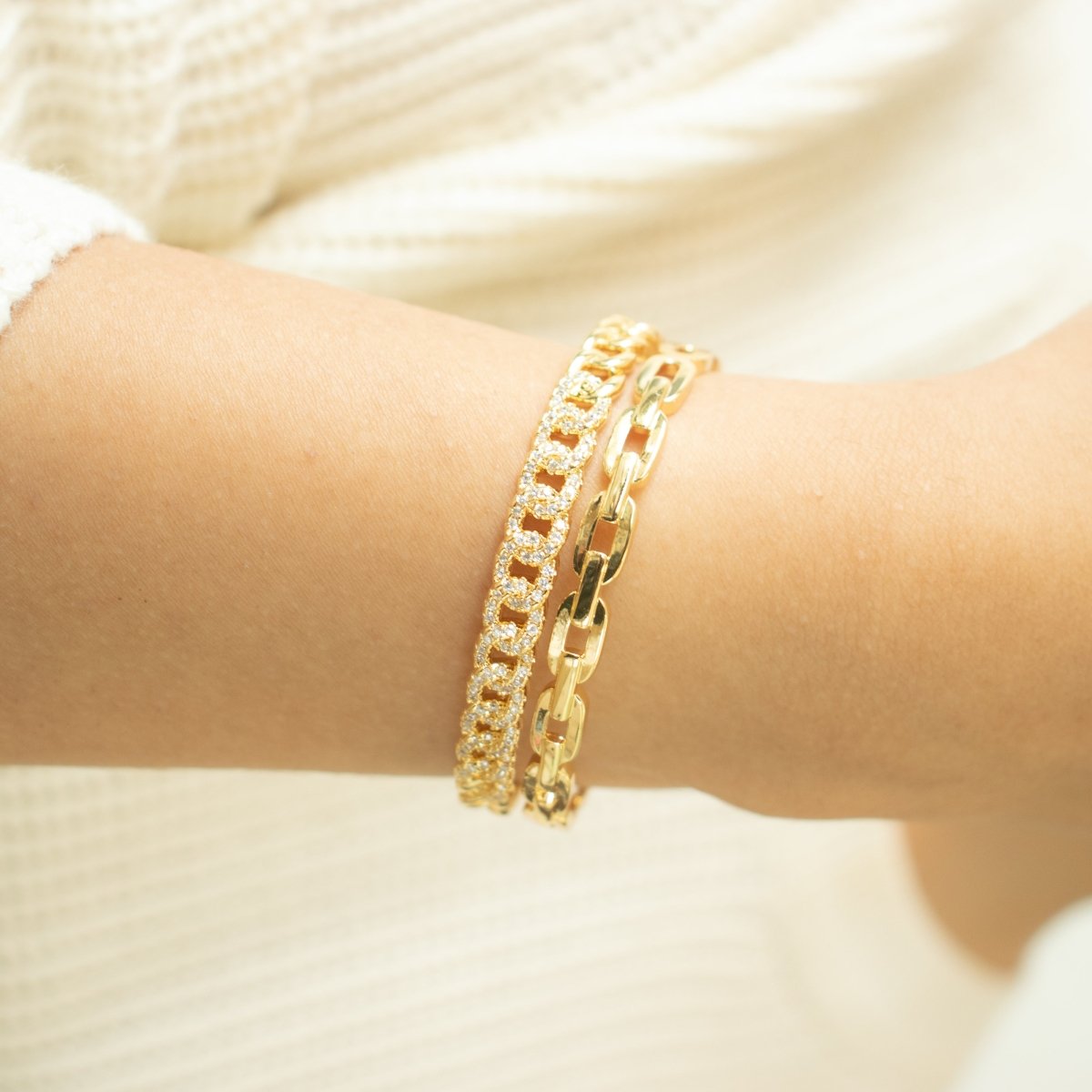 Stylish golden link bangle with sparkling studded detailing and an adjustable anti-tarnish finish, perfect for everyday glam, special occasions, and chic stacked styling.

