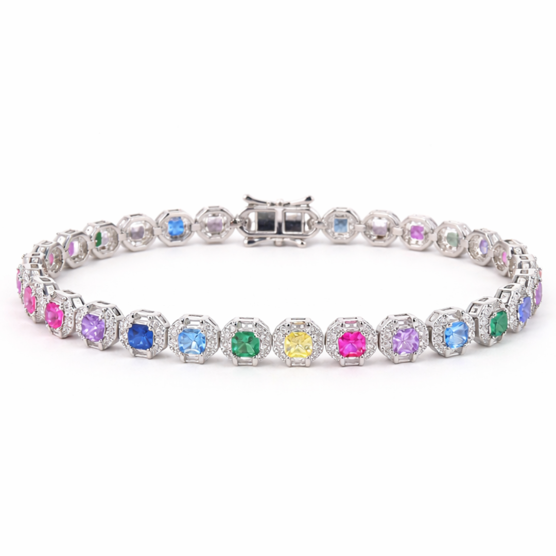 Victoria’s Prism tennis bracelet with cushion-cut stones and octagonal halo setting
