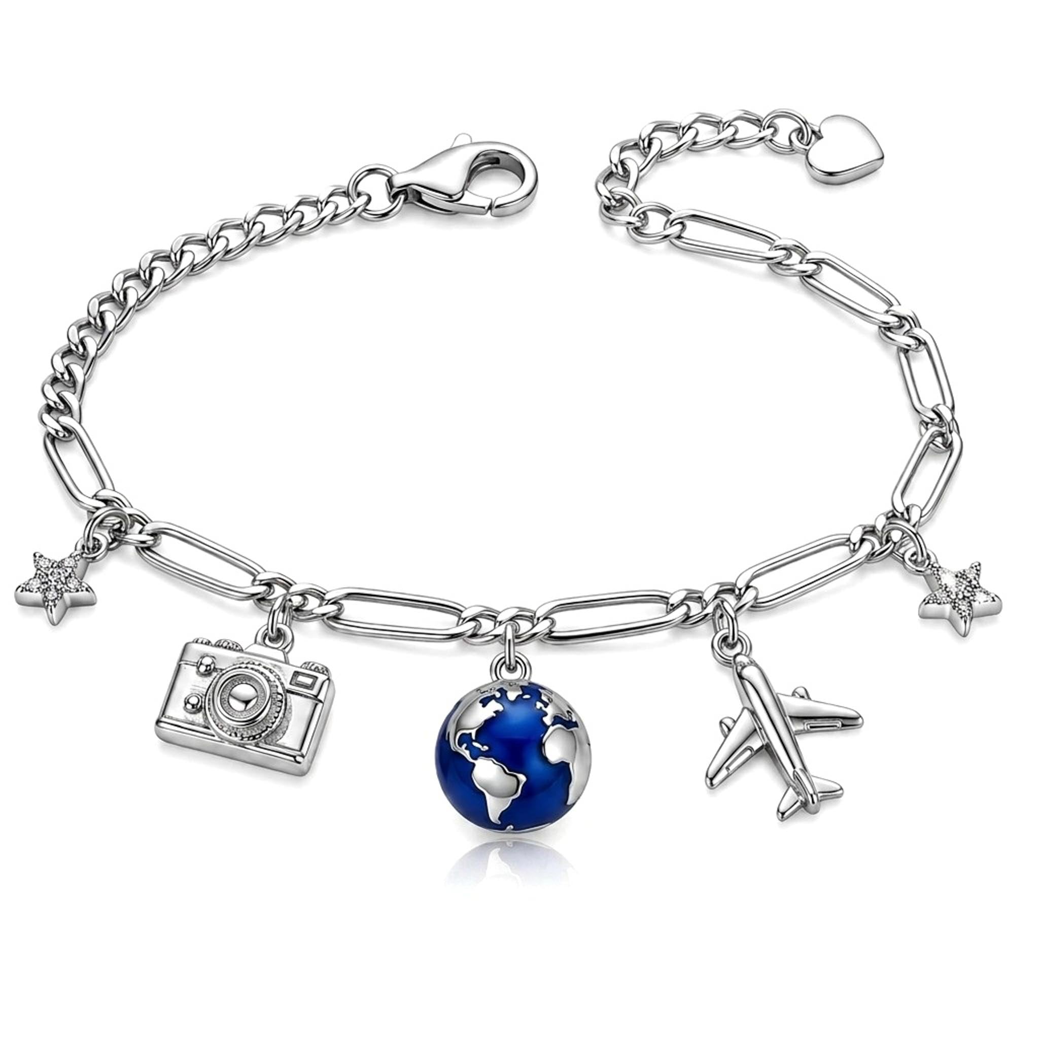 Wanderlust 925 Sterling Silver Bracelet featuring travel-inspired charms including a camera, globe, airplane, and star suspended from a polished link chain