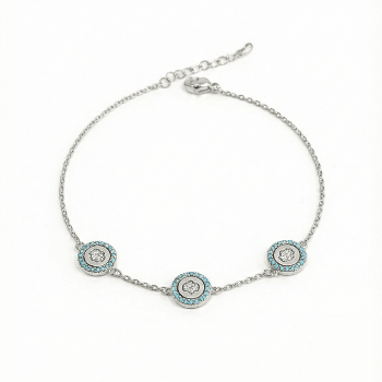 Amulet Hamsa bracelet with turquoise crystal detailing and an anti-tarnish finish, available in gold, rose gold, and silver, perfect for everyday wear and meaningful styling.
