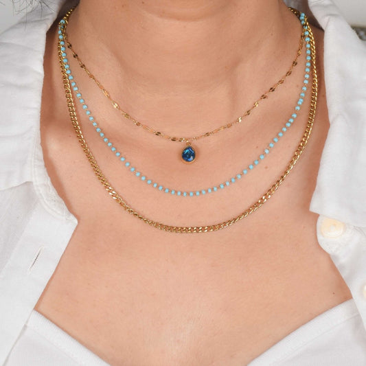 Blue Stone Triple Layered Necklace, golden