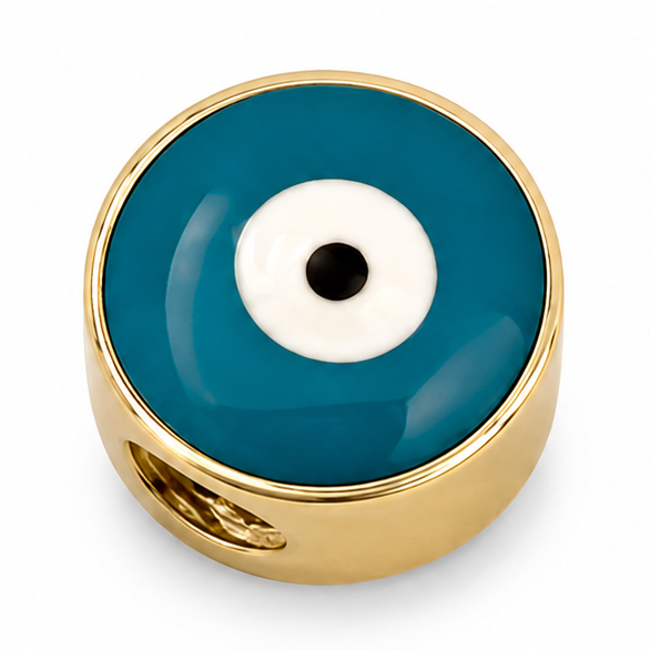 A round gold-plated charm featuring a blue and white evil eye design, shown on a clean white background.
