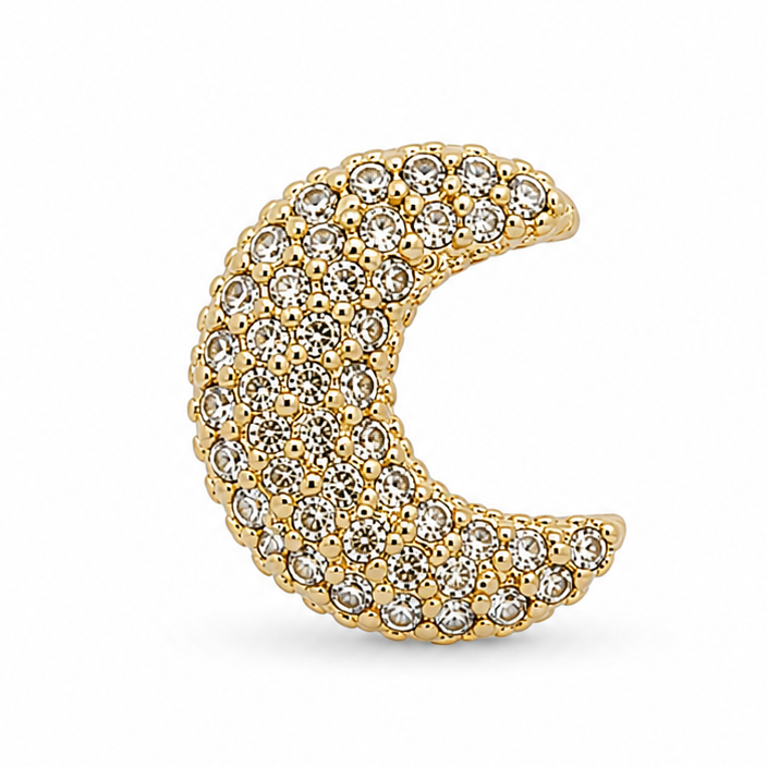 Gold crescent moon jewellery charm embellished with multiple clear crystal stones on a white background.