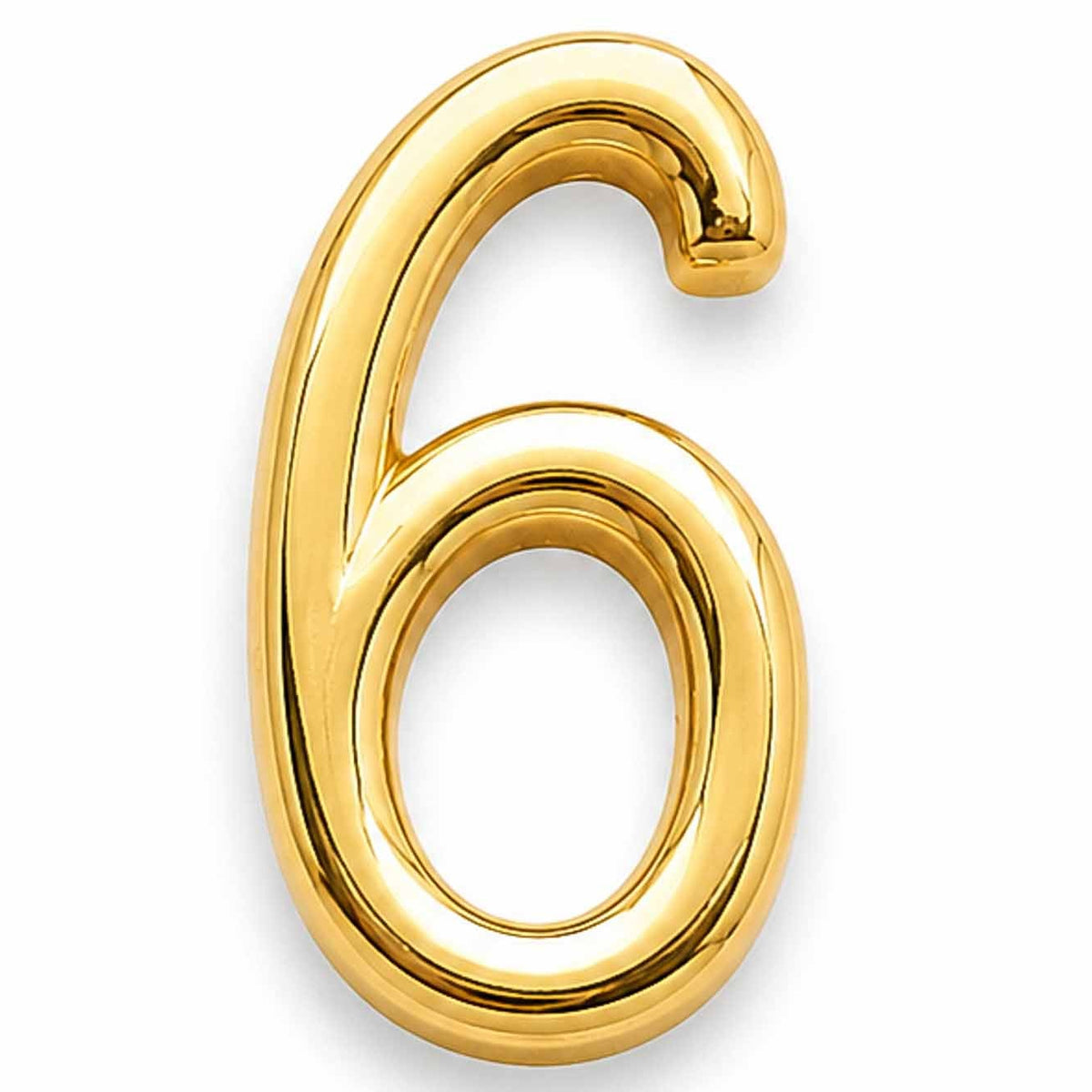 Gold number 6 jewellery charm with a smooth, polished finish on a white background