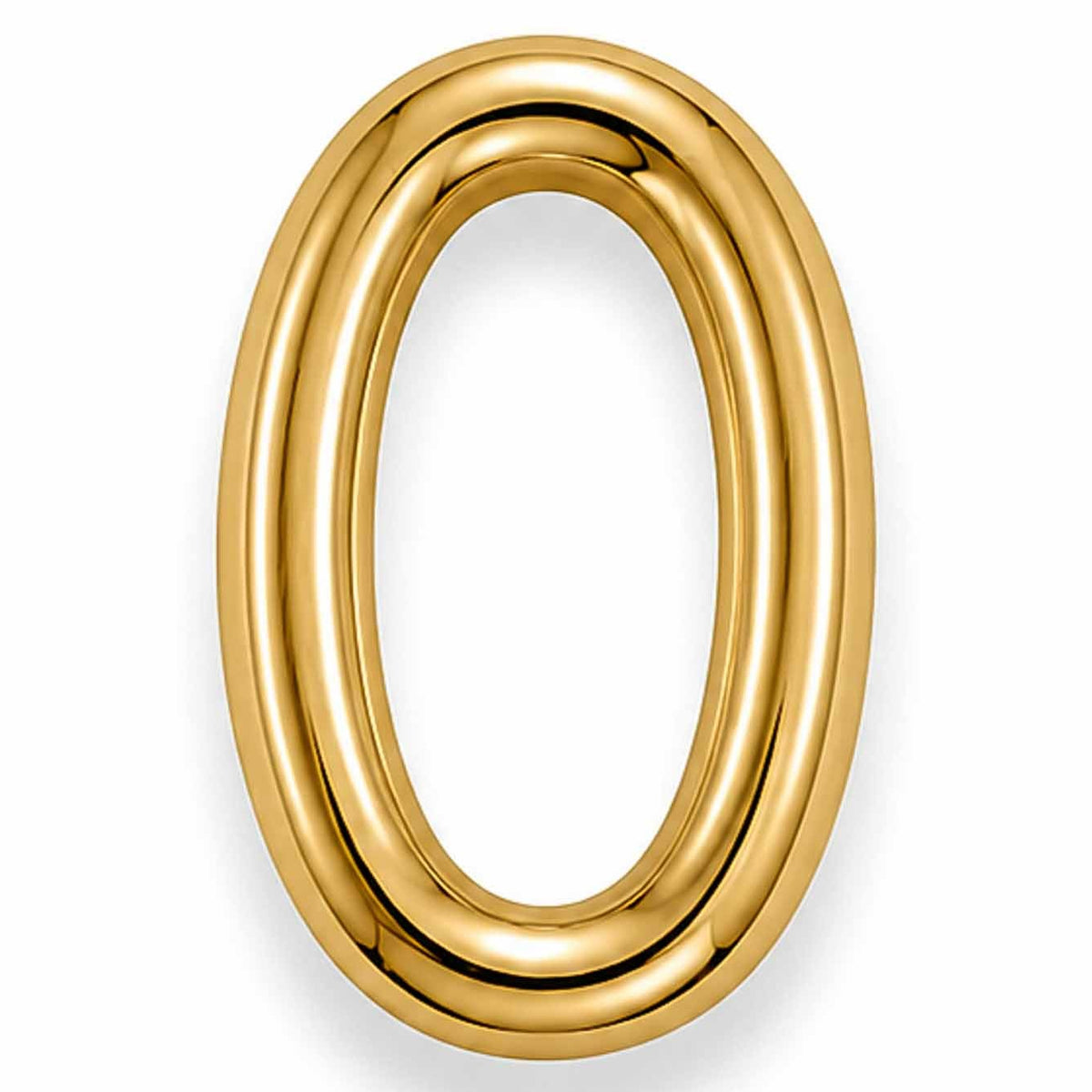 Gold number 0 jewellery charm with a smooth, polished finish on a white background.