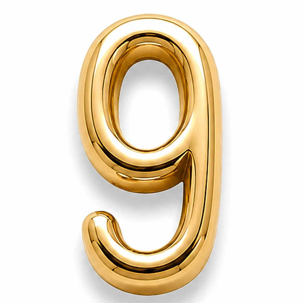 Gold number 9 jewellery charm with a smooth, polished finish on a white background