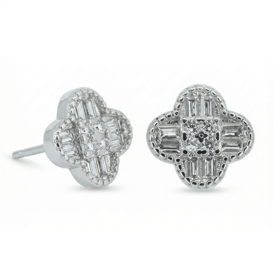 Diamond clover studs with sparkling crystal detailing and an anti-tarnish silver finish, perfect for everyday wear and elegant styling.
