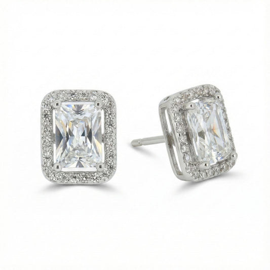Rectangular halo studs with sparkling crystal detailing and an anti-tarnish silver finish, perfect for everyday wear and elegant styling.
